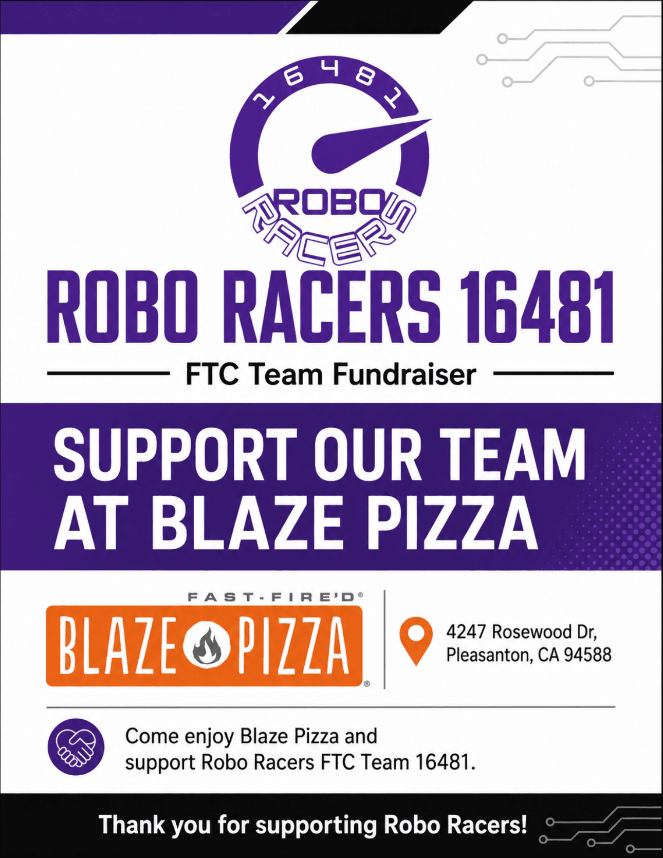 Robo Racers x Blaze Pizza fundraiser